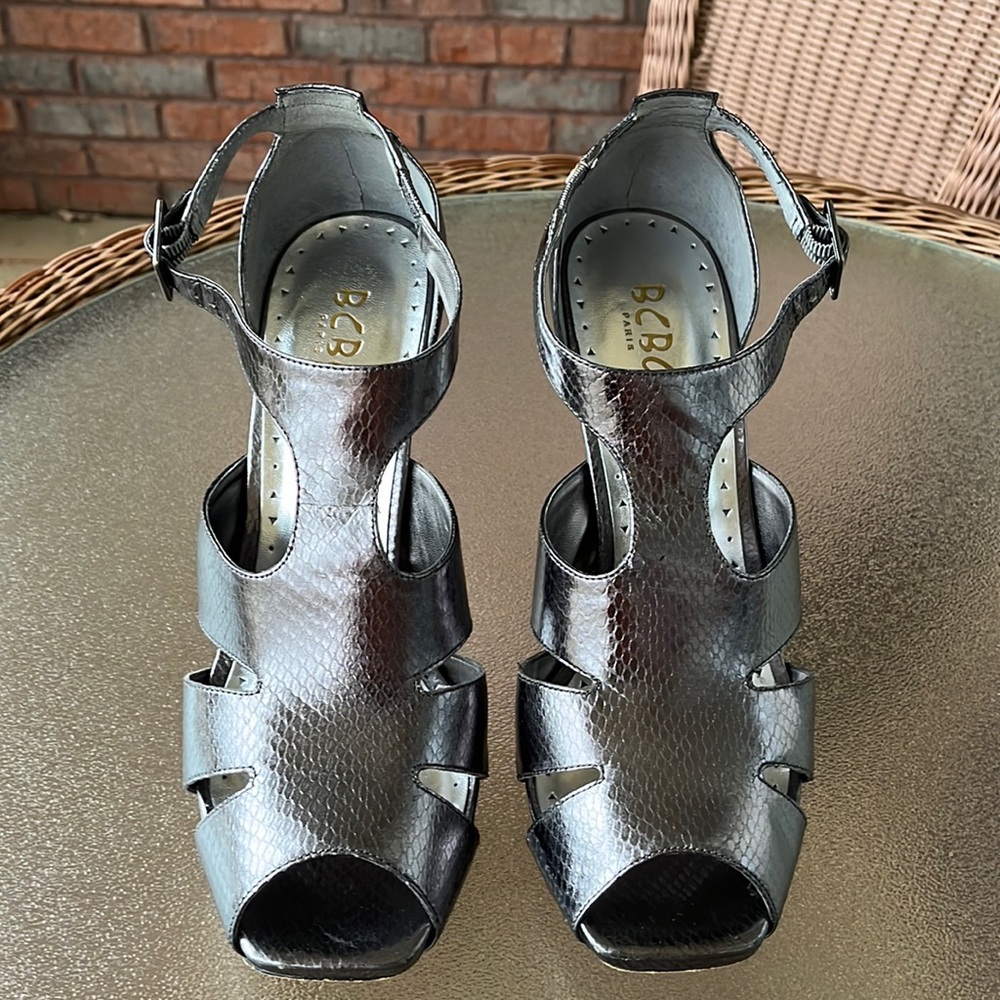 BCBG Paris Peep Toe Metallic Heels